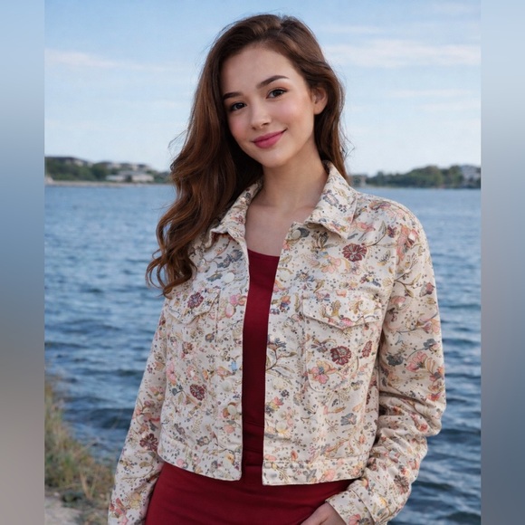 Solitaire Jackets & Blazers - Anthropology Solitaire Eyelet Floral Cream Oversized Denim Jacket